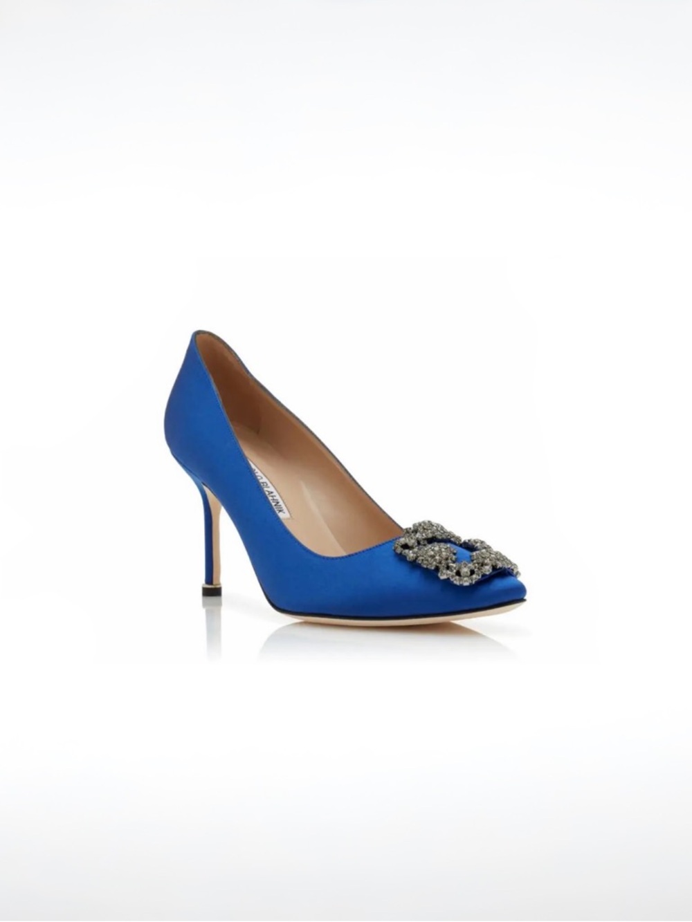 Manolo Blahnik HANGISI 90 Blue Satin Jewel Buckle Pumps Sz 6 / EU 36 MSRP $1,450